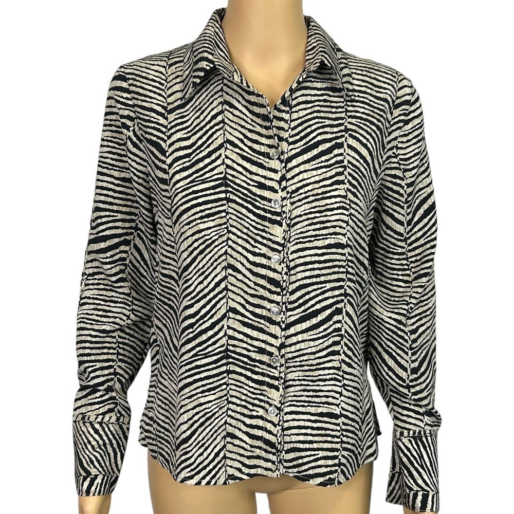 Vintage Milano Womens Petite PS Zebra Print Button Up‎ Long Sleeve Blouse Shirt